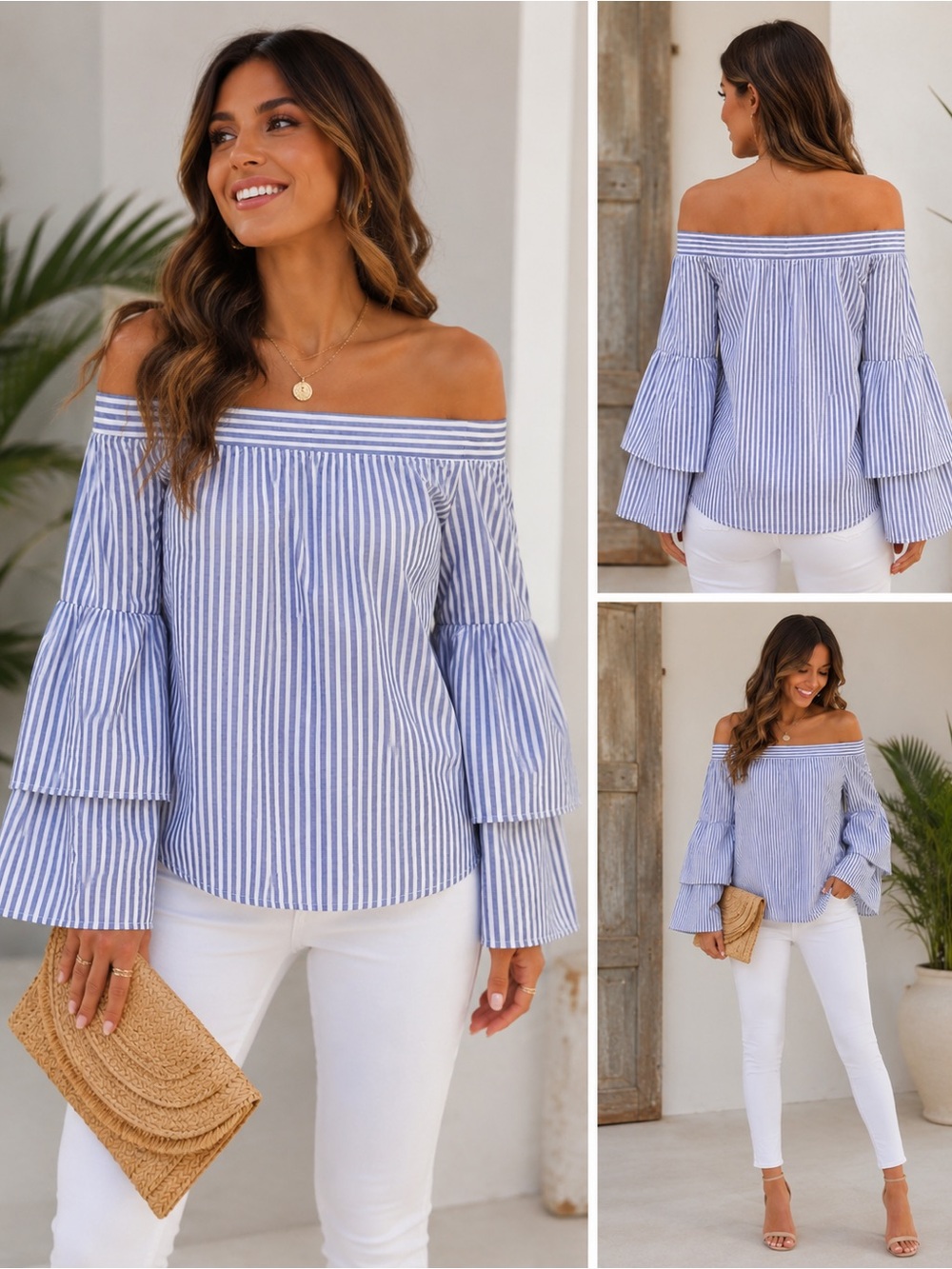 BCBGMAXAZRIA Blue White Stripe Off Shoulder Bell Sleeve Blouse Top XS Cotton